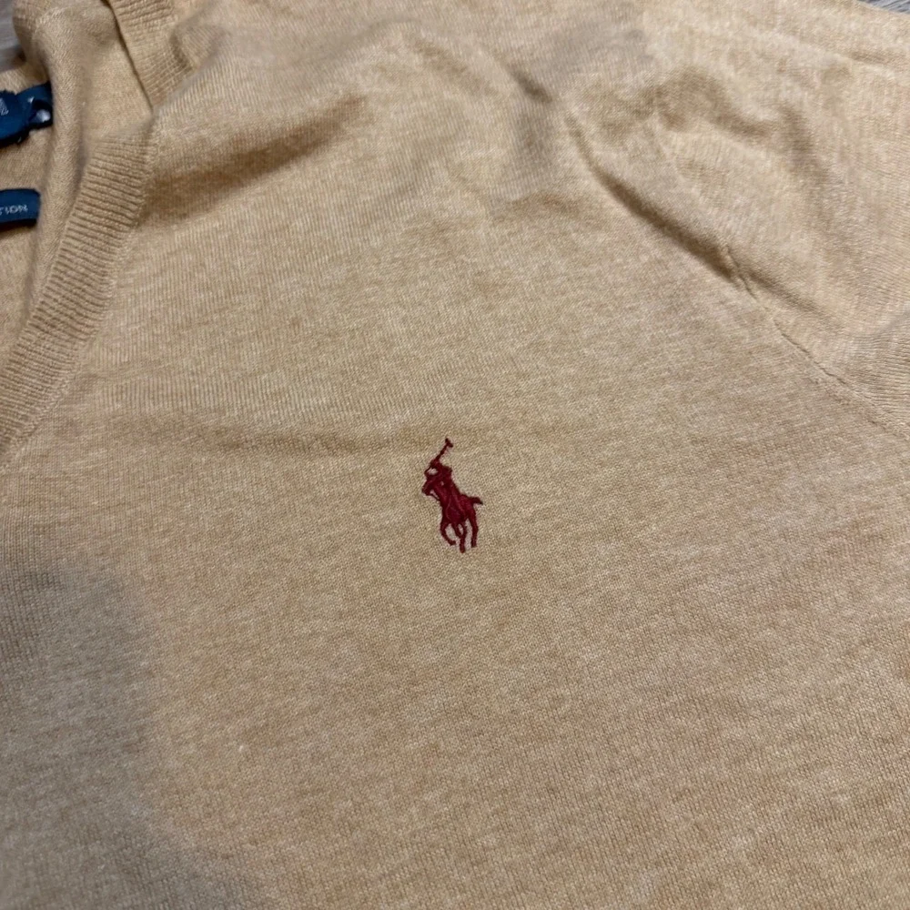 Polo Ralph Lauren Mens V Neck Sweater Tan 100 Pima Cotton Red Pony Logo Large